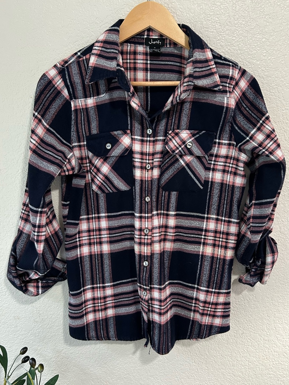 Justify Navy and Pink Plaid Button-Down Shirt‎